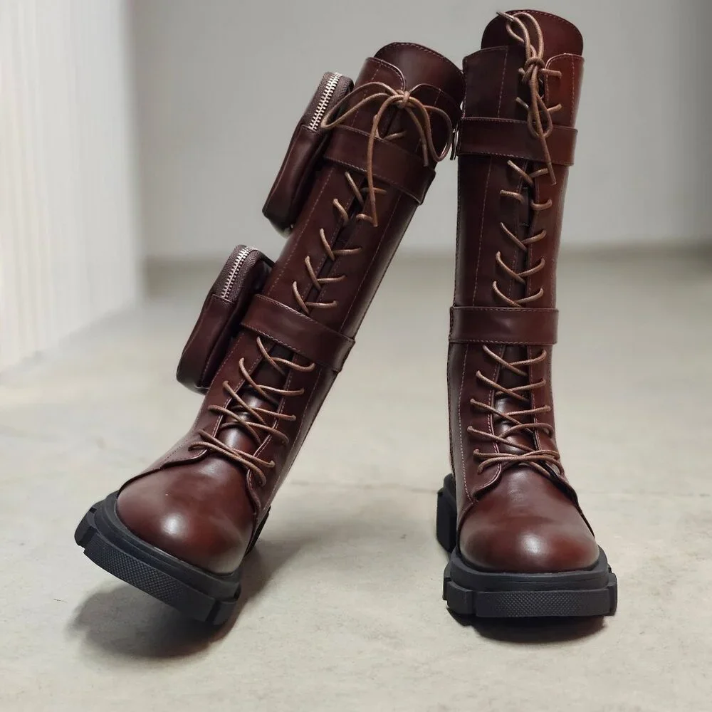 Lace-Up Wine Combat Boots With Detachable Utility Pouches & Side Zippers For Wom - Picture 6 of 12